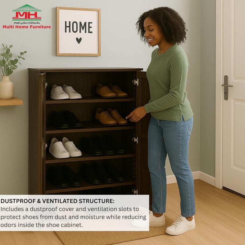 Multi Home Furniture رف أحذية خشبي من البلوط - منظم أحذية ذو بابين مع غطاء مضاد للغبار - Image 5